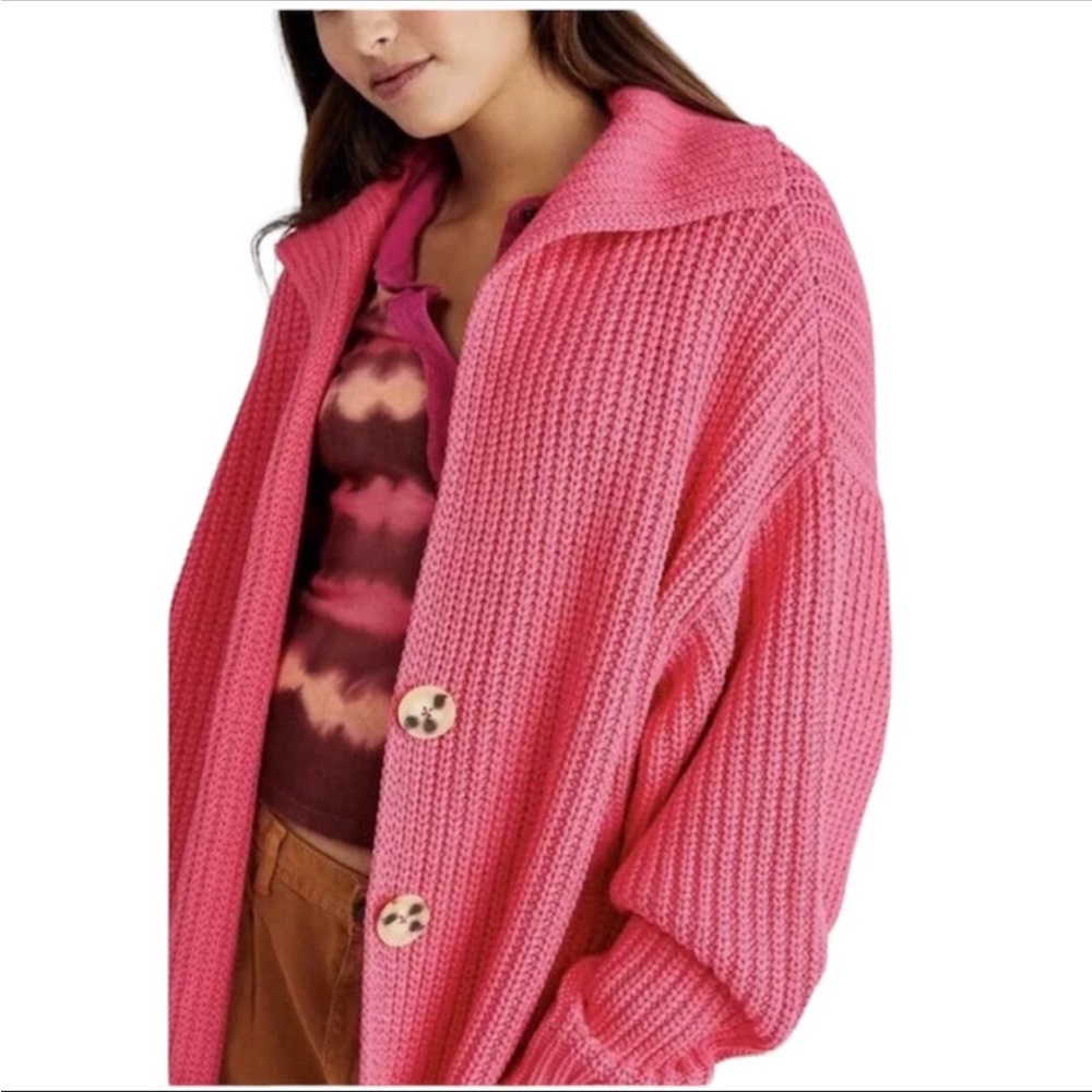 NWOT Free People Pink Firework Swim Too Deep Chunky Knit Oversized Cardi XS